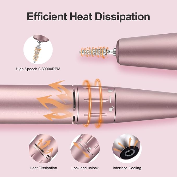 Professional Portable Nail Drill, 30000RPM Rechargeable Electric Nail File Machine Cordless E File Machine Set for Acrylic Nails for Remove Gel Polish Nail for Home & Salon Use,Pink