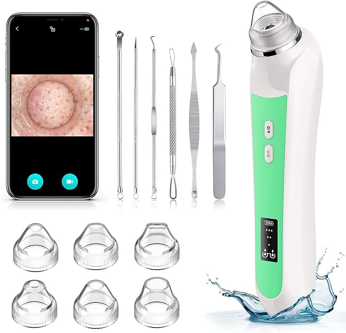 Blackhead Removal Vacuum with HD Camera, 6 Suction Heads & 3 Adjustable Settings, USB Rechargeable Pore Cleaner for Men and Women(Green)