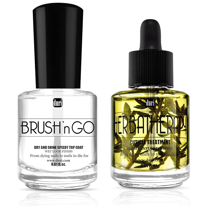 duri Top Coat and Cuticle Treatment Combo, Brush'n GO Dry & Shine Speedy Top Coat and Herbatherapy Thyme Infused Cuticle Treatment Drops