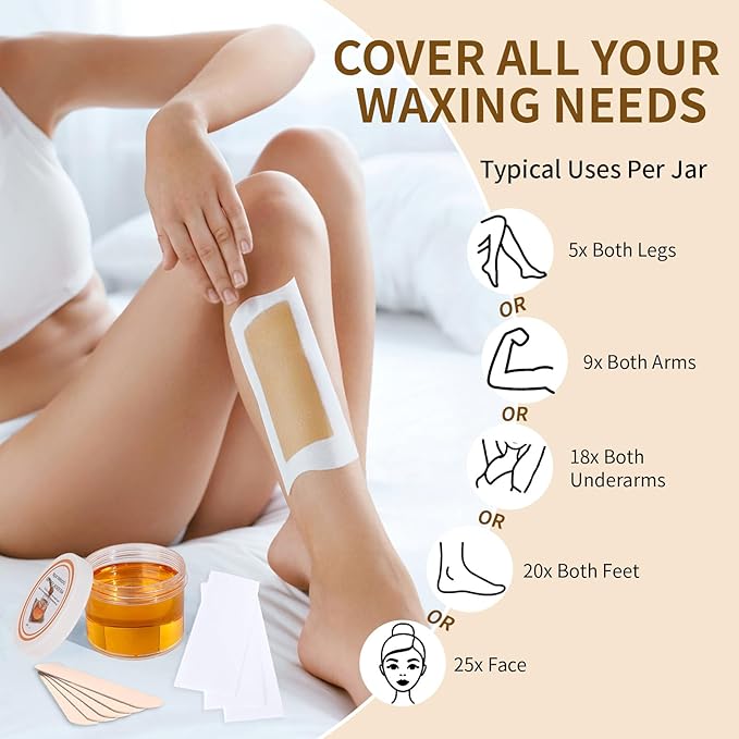 Sugar Wax Kit for Hair Removal: 300g/10.6oz Organic Sugaring Wax for Body Leg Arm Bikini Back - Includes 20PCS Strips & 10pcs Sticks