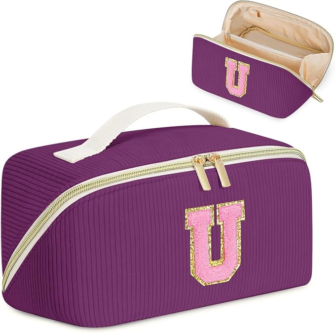 Gifts for Girls, Initial Travel Makeup Bag Women's Day Gift Make up Bag Cosmetic Bags Monther's Day Gifts, Personalized Stuff Bag Cute Makeup Bag Birthday Gifts for Women/Friend/Mother Deep Purple - U