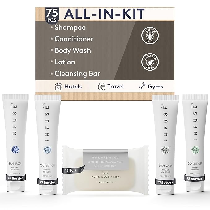 Infuse Pure White Tea and Coconut All-In-Kit Hotel Soaps and Toiletries Bulk Set | 1oz Shampoo & Conditioner, Body Wash, Lotion & 1.25oz Bar Soap | Travel Size 75 Pieces.