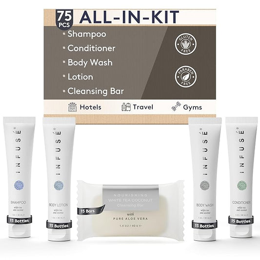 Infuse Pure White Tea and Coconut All-In-Kit Hotel Soaps and Toiletries Bulk Set | 1oz Shampoo & Conditioner, Body Wash, Lotion & 1.25oz Bar Soap | Travel Size 75 Pieces.