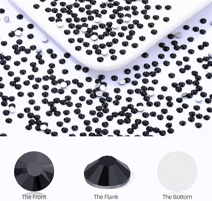Black Flatback Rhinestones, Glass Rhinestones for Nail Art and Craft, Glue Fix, Loose Crystal Gemstones(Black, SS8, 1440pcs, 2.3-2.5mm)