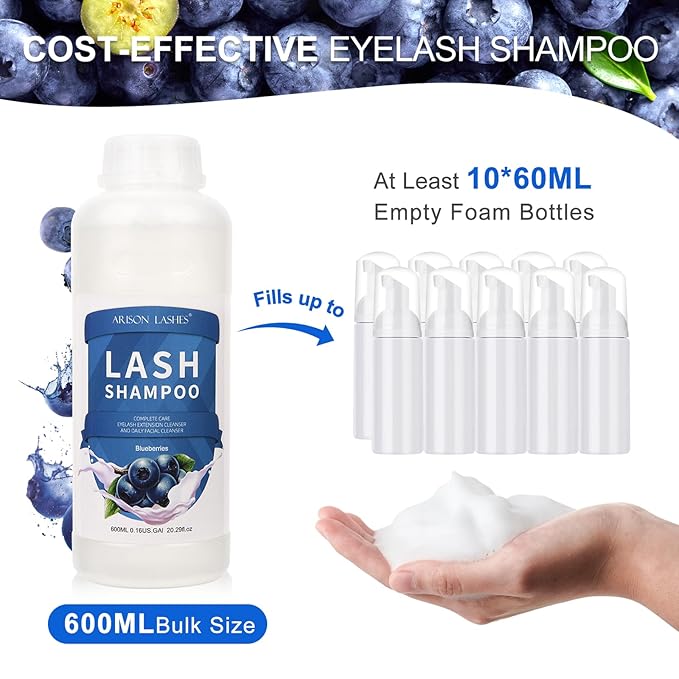 ARISON LASHES Eyelash Extension Shampoo 600ml / Eyelid Foaming Cleanser/Wash for Extensions and Natural Lashes/Paraben & Sulfate Free Safe Makeup & / Professional & Self Use (Blueberry)