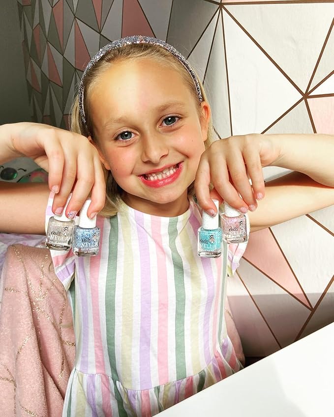 MISS NELLA SAFARI COLLECTION Glitter Nail Polish for kids, set of 4 glitter varnishes: pink, red, purple & blue, Peel- Off varnish for toddlers (Fairy Tale)