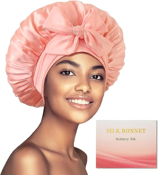 100% Mulberry Silk Bonnet for Sleeping Women, Real Silk Bonnets with Tie Band, Double-Layer Sleep Cap for Braids Curly Hair