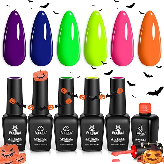 Beetles Summer Gel Nail Polish Set, Neon Orange Hot Pink Blue Yellow Green Purple Halloween Gel Polish 6 Colors Soak Off Uv Led Nail Art Manicure