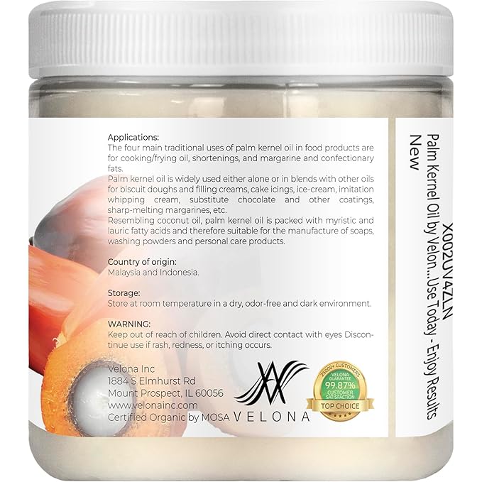 velona USDA Certified Organic Palm Kernel Oil - 8 Fl Oz | 100% Pure and Natural Carrier Oil | Refined, Cold Pressed | Face, Hair, Body & Skin Care | Use Today - Enjoy Results