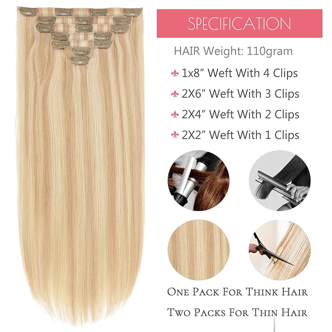 Loxxy Seamless Extensions Clip in Human Hair 16inch Seamless Clip in Hair Extensions Real Human Hair Pu Weft Blonde Hair Clip Extensions for Women Golden Brown Mixed Platinum Blonde 12/60A 110g 7pcs
