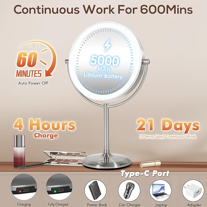VESAUR 1X15X HD Lighted Makeup Mirror, 9" Large 5000mAh Rechargeable Double Sided Magnifying Mirror with 3 Touch Dimmable Light, 360°Rotation Detachable for Travel Vanity Mirror, Pearl Nickel, Gifts