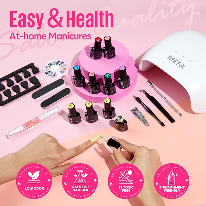 MEFA 34 Pcs Gel Nail Polish Kit with U V Light 48W, 20 Colors All Seasons Collection Pink Purple Gel Nail Polish Set with Base and Matte/Glossy Top Coat Nail Art Manicure Tools DIY Salon Home