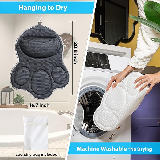 Luxury Bath Pillows for Tub – Extra Thick Non-Slip Bathtub Pillow with Rubber Back, Head & Neck Support for Soaking, Spa Bath Accessories, for Women, Fits All Bathtubs (Gray)