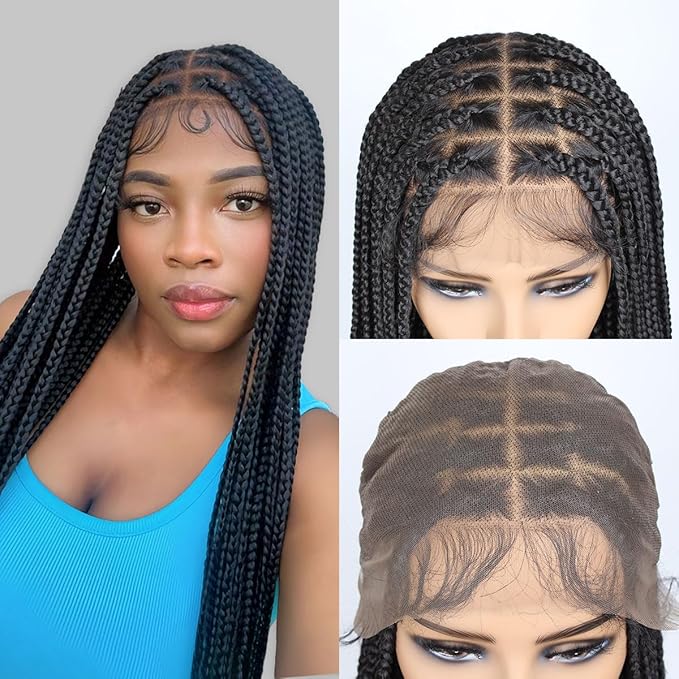 13x8 Braided Lace Front Wigs for Black Women, 36 inch Knotless Box Braids Wigs with Baby Hair, Black Synthetic Medium Braided Wig