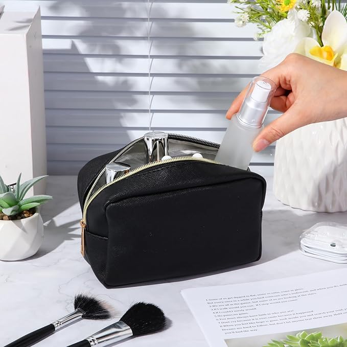 Sweetude 10 Pcs Preppy Makeup Bag Bulk Cosmetic Bag Bridesmaid Gift Wedding Day Bachelorette Party Favor Toiletry Pouch DIY PU Leather Skincare Pouch for Women(Black)