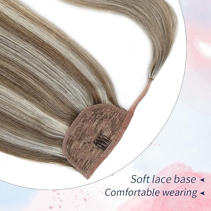 Ponytail Extension Human Hair Blonde Highlights Ponytail Pony Hair Pieces Clip in Wrap Around Pony Remy Hair Extensions for Women 20 Inch 80G #8P60