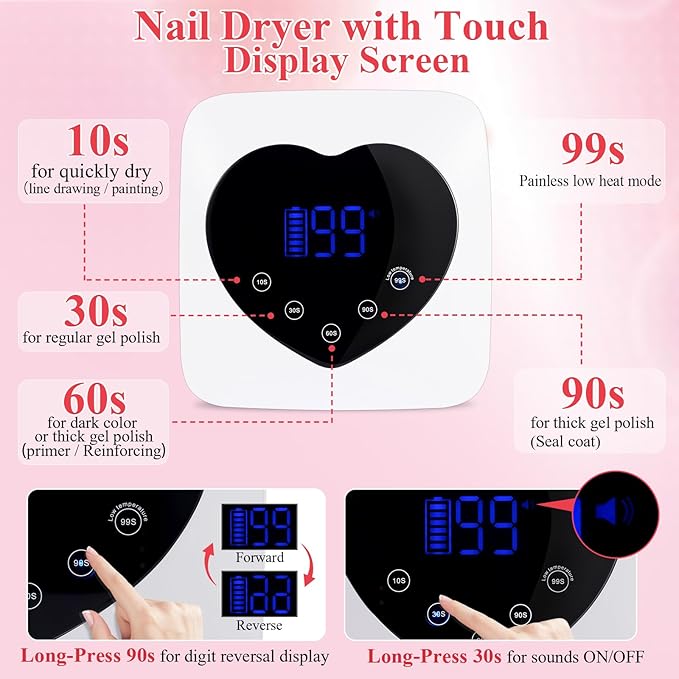 Cordless UV Led Nail Lamp, 72W UV Nail Light for Nail Polish, Rechargeable Nail Dryer, Heart Nail Lamp with 5 Timer and LCD Display, Professional Nail Lamp for Valentines Day Gifts and Nail Salon