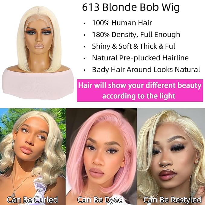 613 Blonde Short Bob Wig Human Hair 13x4 HD Transparent Lace Front Wigs Human Hair Pre Plucked with Baby Hair Glueless Wigs Human Hair 180% Density Straight 613 Bob Wigs for Women 8 Inch