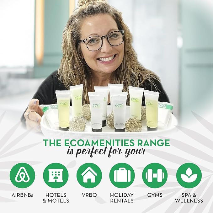 ECO amenities Travel Size Shampoo Bulk - 200 PACK, 30mL, 1 oz Hotel Shampoo Supplies for Guests - Green Tea Scent Eco Shampoo, Mini Shampoo with Flip Cap and Biodegradable Clear Container