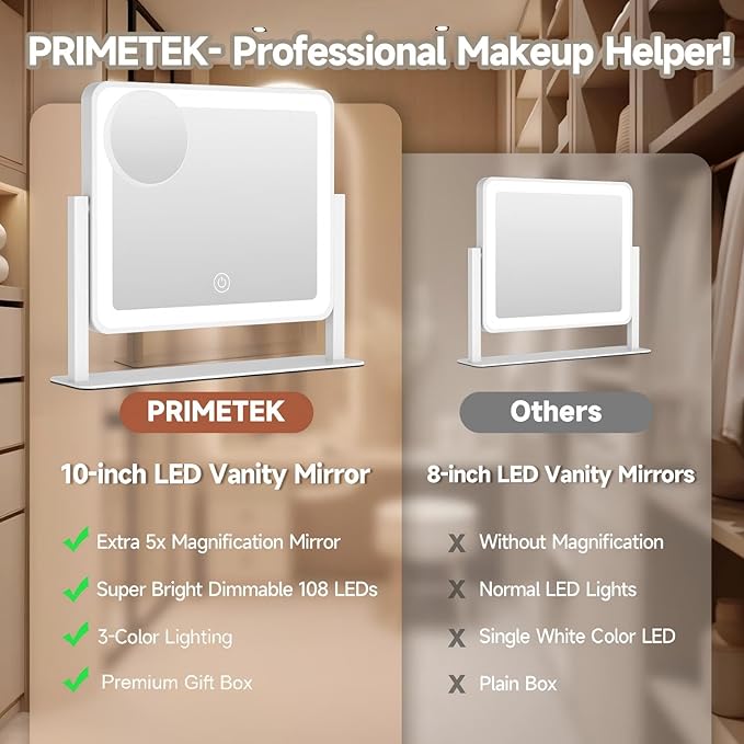 PRIMETEK LED Vanity Mirror with Gift Box, 14"x12" LED Lighted Makeup Mirror, Makeup Mirror with Lights, 3-Color Lighting, 5X Magnification, for Desk Tabletop, Bedroom, Gifts for her