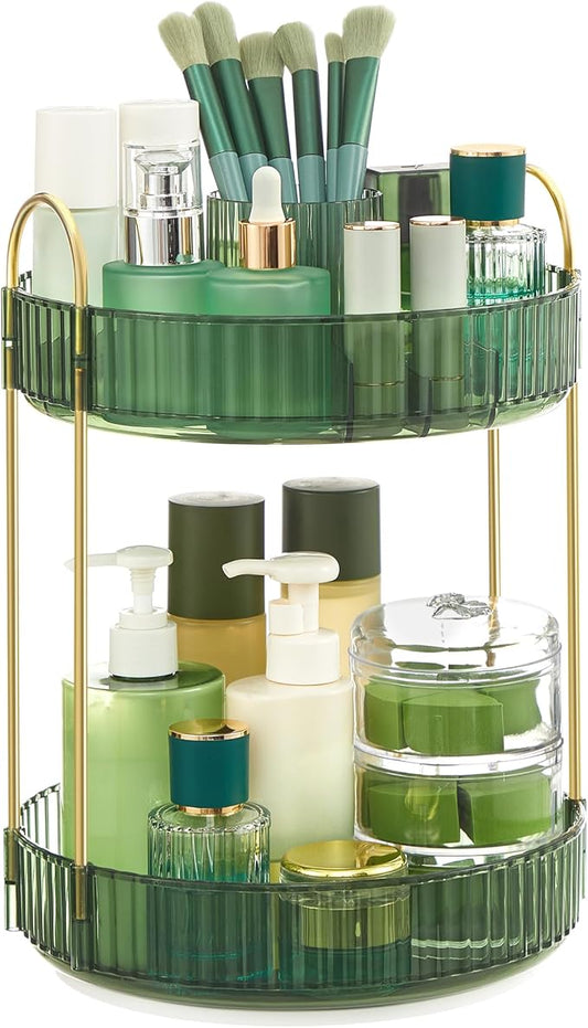 SONGMICS Makeup Organizer, 2-Tier Round Rotating Skincare Organizer Countertop, Customizable, Toiletries Vanity Organizer, Lazy Susan, Gift for Mom, Pale Green UJKA012C01