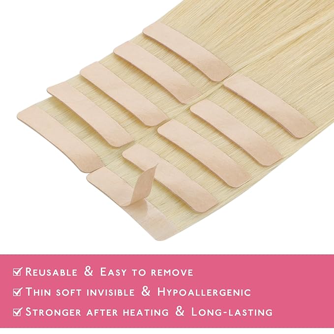 WENNALIFE Tape in Hair Extensions Human Hair Platinum Blonde Tape in Extensions, 10pcs 30g 24 inch Remy Invisible Tape Ins Straight Soft Real Human Hair Tape in Extensions Refill Set Extensions