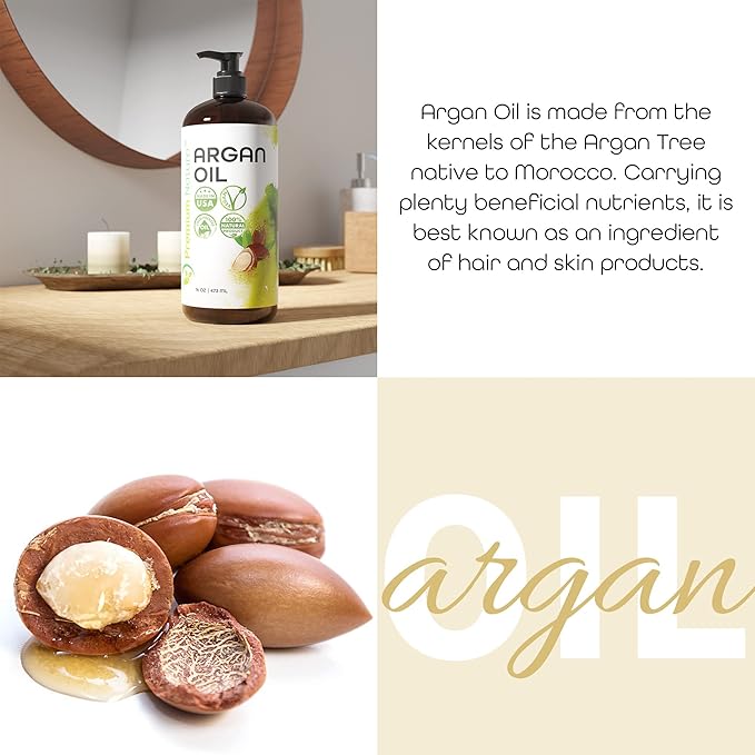 Argan Oil for Dry, Damaged, Curly and Frizzy Hair Growth - Organic Hair and Skin Serum from Morocco, 16 oz Pure Cold Pressed