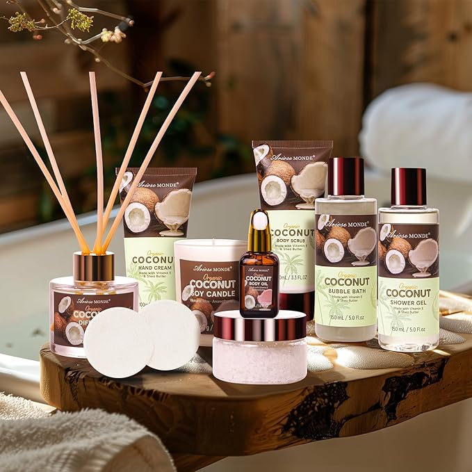 Spa Gift Baskets for Women, Coconut Bath Gift Set for Women Include Bubble Bath, Shower Steamers, Bath Salt. Bath and Body Spa Kit, Mom Birthday Gifts from Daughter, Birthday Gift Basket for Mom