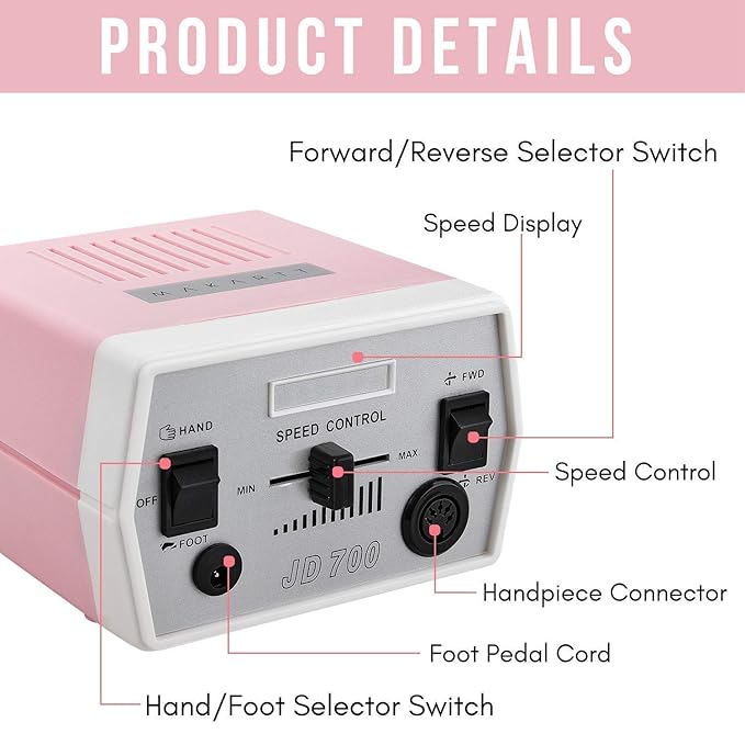 Makartt Nail Drill Portable Electric Nail File Machine Geneviere E File Pink JD700 Professional 30000RPM Manicure Drill Bundle With 300Pcs #80#150#240 Grits Nail Drill Bits Sanding Bands