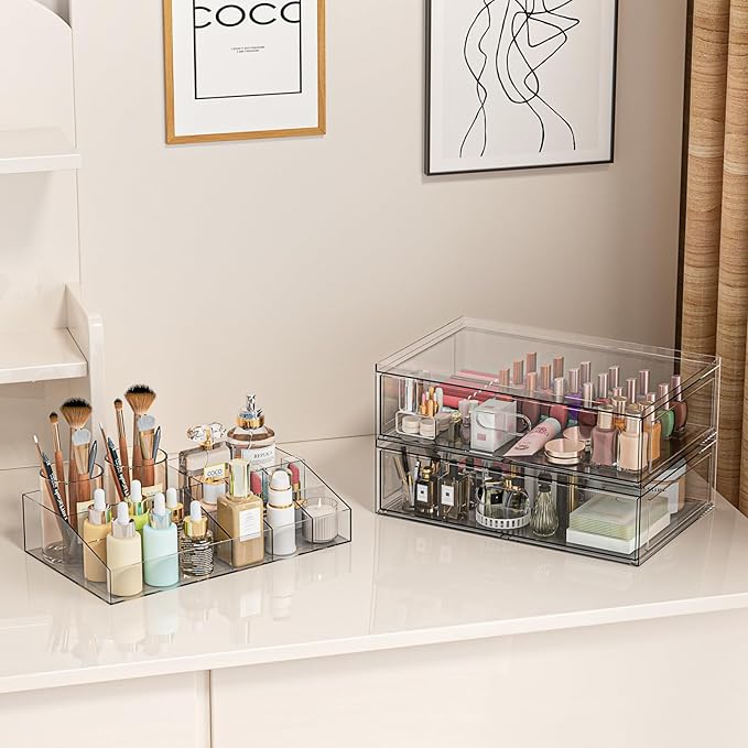 3 Tier Clear Stackable Makeup Organizer with Drawer, 12''W Acrylic Storage Drawers, Cosmetic Display Case for Vanity Bathroom Countertop, Beauty Holder for Lipstick Brush Skincare Perfume