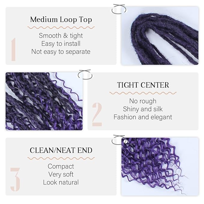 24 In Boho Braid Dreadlock Extensions, 10 Strands Ombre Purple Synthetic Curly Dreads Extensions with Box Braid, 100% Handmade Dreads Hippie Style Dreadlocks for Woman