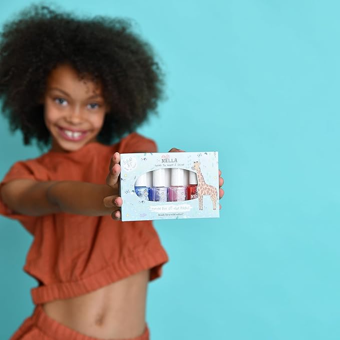 MISS NELLA SAFARI COLLECTION Glitter Nail Polish for kids, set of 4 glitter varnishes: pink, red, purple & blue, Peel- Off varnish for toddlers