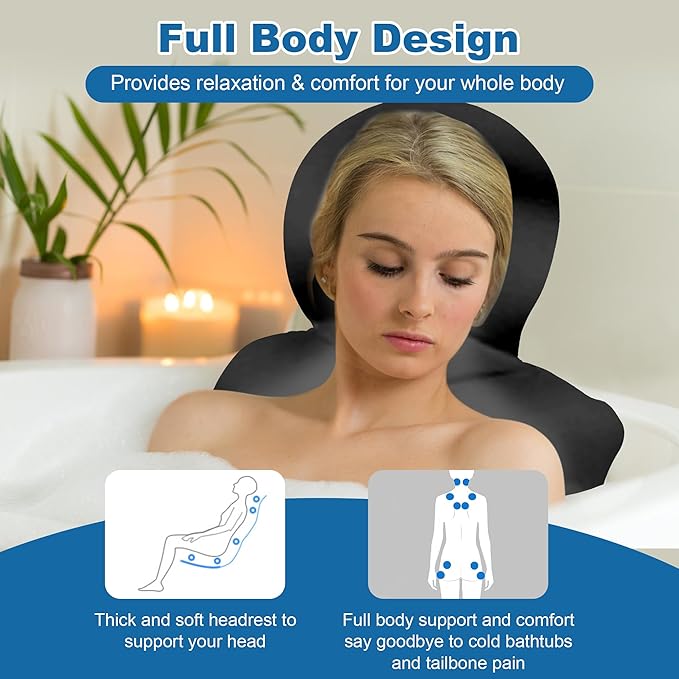 Full Body Bath Pillow, Luxury Bath Cushion with 192 Suction Cups, Bath Pillows for Tub for Head and Neck Support, with Laundry Bag Black, 51" x 16"