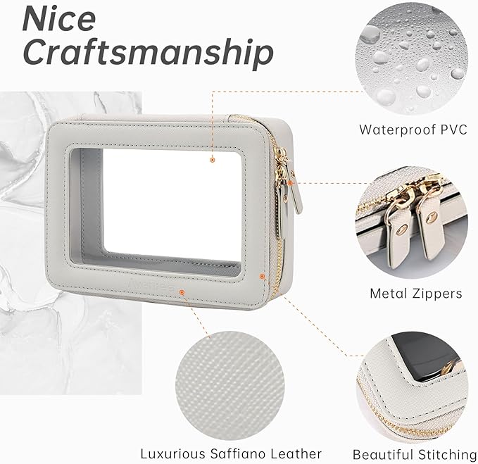 Aveniee Clear Makeup Bag for Women, Clear Cosmetic Case Travel Toiletry Bag, Heavy Duty Makeup Organizer Car Bag for Accessories with Clear Windows & Gold Zippers(Grey,Middle)