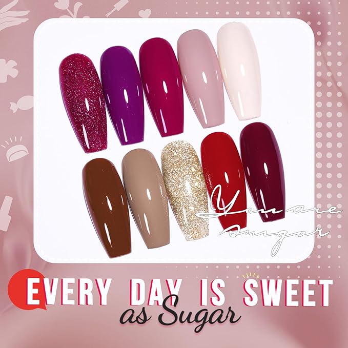 UR SUGAR Gel Nail Polish, 10 Colours Valentine's Purple Red Brown Light Pink Red Rose Gold Glitter Gel Polish Sets Soak Off Gel Nail Varnish Gifts for Women DIY Home