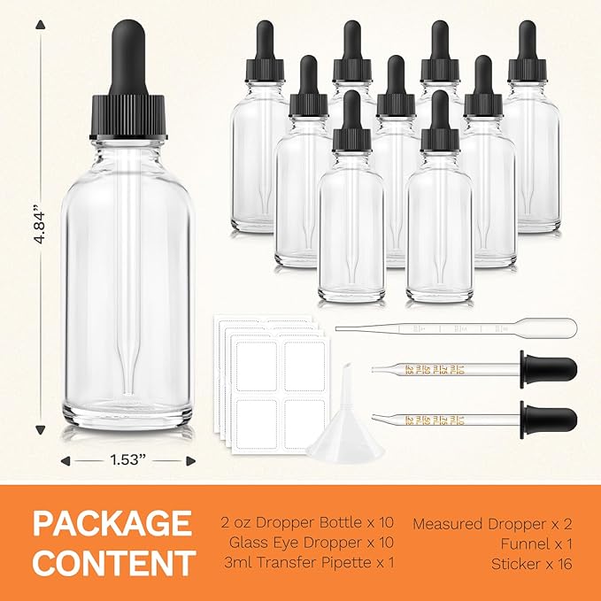 Dropper Bottle 2 oz, 10 Pack Glass Eye Dropper Bottles with Labels and Funnel, Tincture Bottle with Measured Dropper - Leakproof Essential Oils Bottles