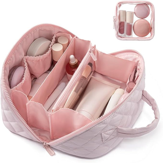 LOVEVOOK Travel Makeup Bag for Women, 2Pcs Set Puffer Waterproof Cosmetic Organizer, Large Capacity Pouch Open Flat Toiletry Bag with Divider & Handle, Portable Gift for Her, Pink