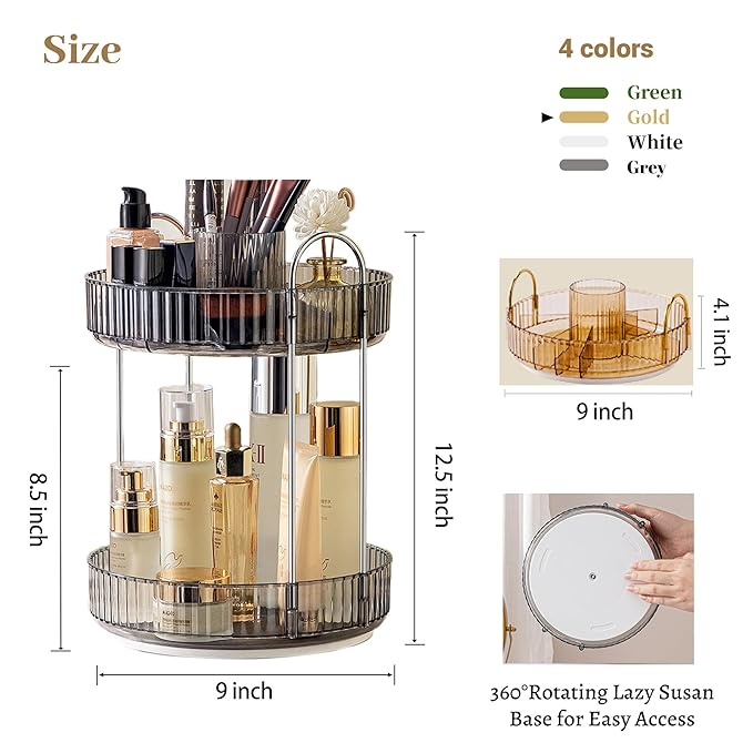 Aveniee 360° Rotating Makeup Organizer for Vanity, Upagraded Perfume Skincare Bathroom Counter Organizers with Brush Divider, Two Tier Spinning Lipstick Cosmetic Makeup Lotion Storage Organizer (Grey)