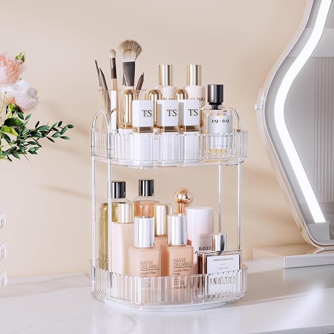 Delamu Rotating Bathroom Countertop Organizer, Large Capacity 2-Tier Multi-Function Storage for Cosmetics, Skincare, and Perfume. Makeup Organizer Countertop Ideal for Dresser, Bathroom,Vanity, Clear