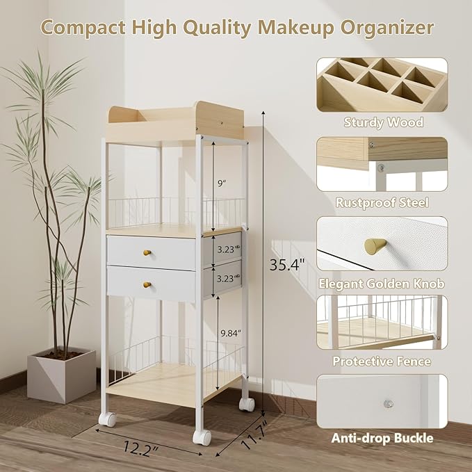 Makeup Organizer Cart Shelf Floor Skincare Organizers Make Up and Station Storage Cabinet For Vanity Standing Cosmetics With Drawers and Wheels For Nail Polish Perfume Hair Tool Holder Beauty(White)
