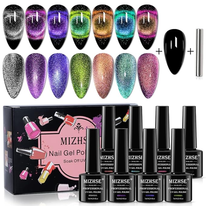 MIZHSE 2 In 1 9D Cat Eye Gel Nail Polish Kit, Upgraded Magnetic Gel Polish Set with Magnet, Shiny Chameleon Magic Galaxy Effect Soak Off Gel Nail Art Gift for Women