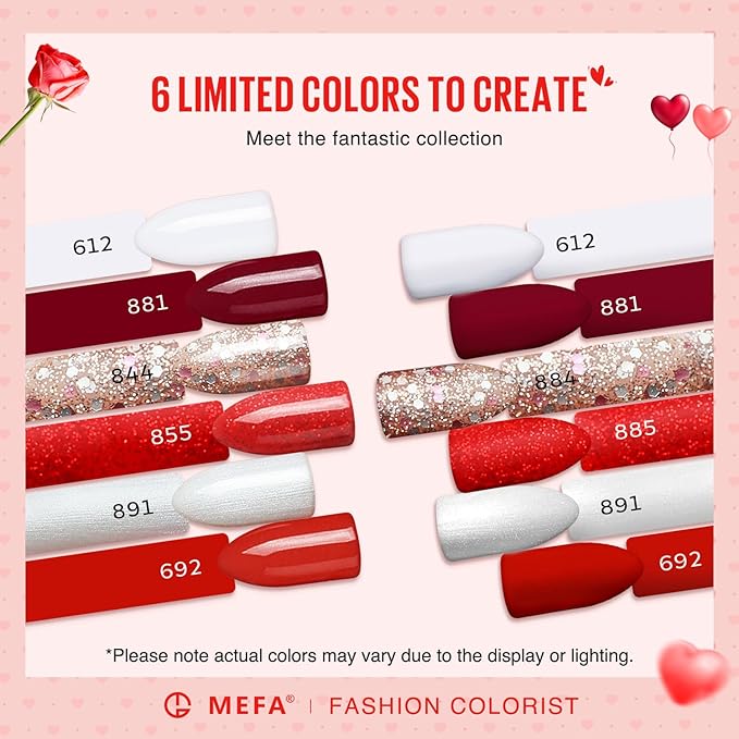 MEFA 6 Colors Red Gel Nail Polish Set, Glitter Shades Sparkle Silver Champagne Love Times Tones Salon Decorations Nail Art Design at Home Manicure DIY Kit Gifts for Women Girl