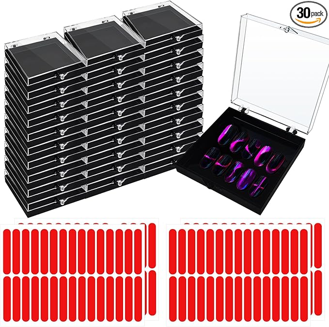 30 Sets Press on Nail Box Nail Display Case Artificial Nail Display Storage Box with 60 Pcs Adhesive Double Sided Tape Acrylic Nail Box Press On Nail Packaging for Nail Salon (Black, 2.76 x 2.76 inch)
