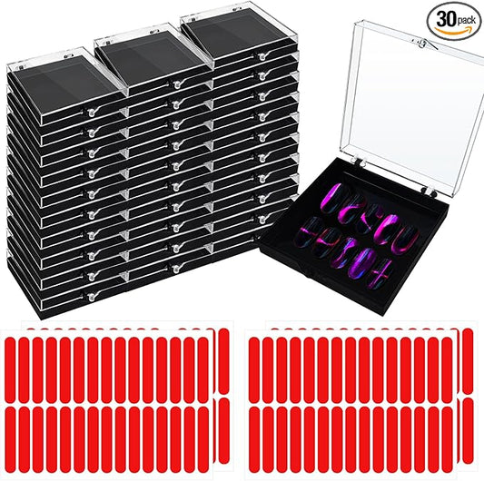 30 Sets Press on Nail Box Nail Display Case Artificial Nail Display Storage Box with 60 Pcs Adhesive Double Sided Tape Acrylic Nail Box Press On Nail Packaging for Nail Salon (Black, 2.76 x 2.76 inch)