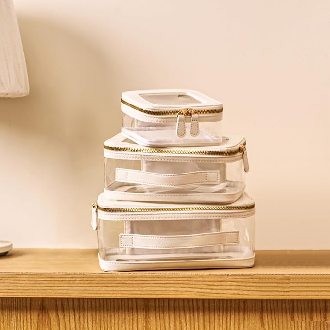 Clear Cosmetic Bag Set for Women Makeup Bag with Handle, 3 Pcs Travel Toiletry Bag Transparent Cosmetic Case Portable Make Up Organizer Bag for Essentials (White, Mini+S+L)