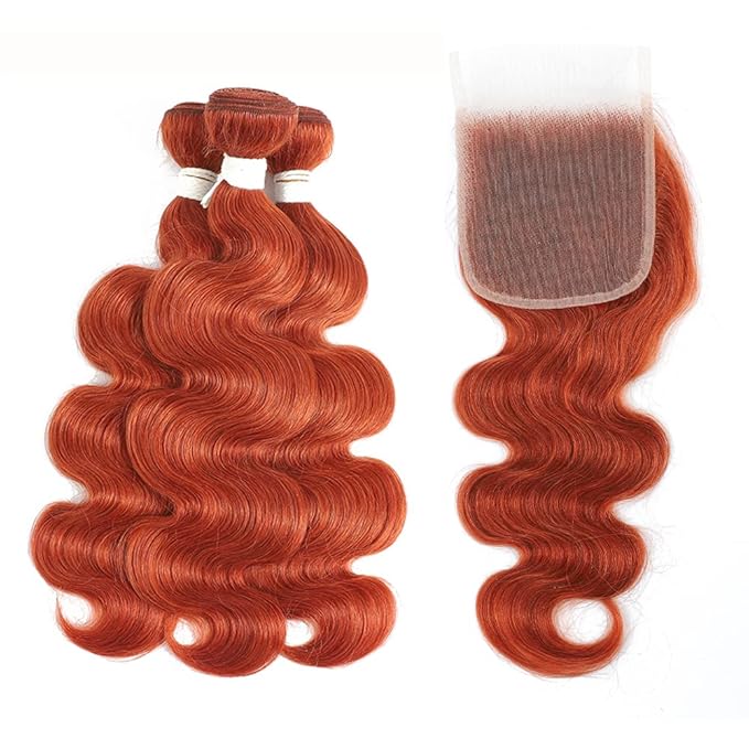 REMY HAIR Body Wave Bundles Human Hair #350 Color 3 Bundles with Closure 12 14 16 Inch with Closure 10 Brazilian Virgin Human Hair Extensions Pre Plucked Ginger Orange Hair Extensions
