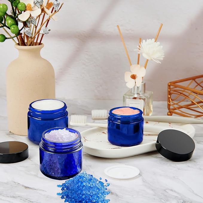 24 Pack 1 oz Round Blue Glass Cosmetic Jars with Inner Liners and Black Lids, Travel Glass Jars, Cosmetic Containers for Lip Balms, Powders, Makeup, Cream, Eyeshadow, Slime, Paint