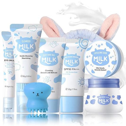 Skincare Kits Milk Girls Gifts - Teen Skin Care Set - Skin Care Routine Kit for Women - with Hand Wax,Sunscreen,Face & Eye Cream,Exfoliating Scrub,Cleanser - Mother's Day Gifts (8PCS, Milk)