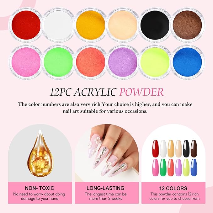 Acrylic Nail Kit for Beginner Professional Nail Kit Acrylic Set with Nail Lamp 12Pcs Glitter Powder Nail Art Rhinestones Base Top Coat 100PCs Nail Tip Nail Tools DIY Home Salon