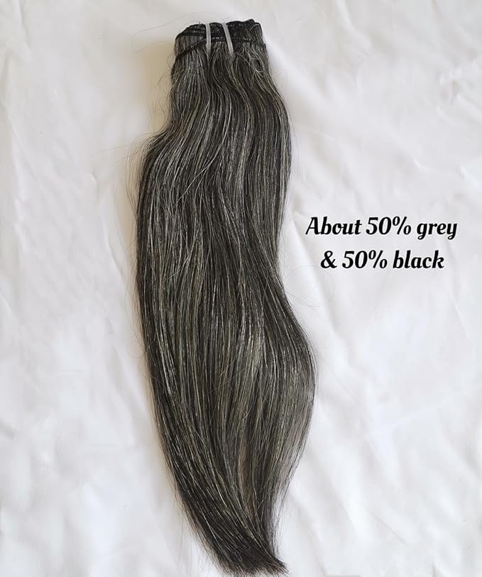 Raw Straight Salt and Pepper Gray Human Hair Bundles Unprocessed 8IN Short Grey Human Hair 1 Single Bundle, 5+ Years Long Lifespan 50% Grey Mixed 50% Black Color Virgin Hair Weave Weft by Clytie